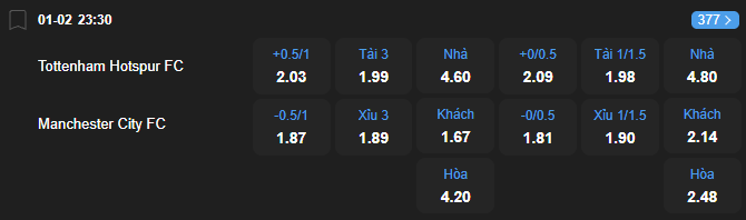 Tỷ lệ kèo Tottenham Hotspur vs Manchester City nhan-dinh-soi-keo-tottenham-hotspur-vs-manchester-city-luc-23h30-ngay-1-2-2026-2